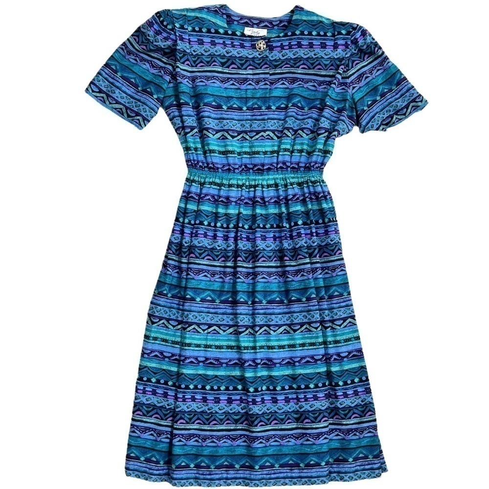 Lady Carol Vintage 80s 90s Pleated Short Sleeve Abstract Funky Shirt Mini Dress